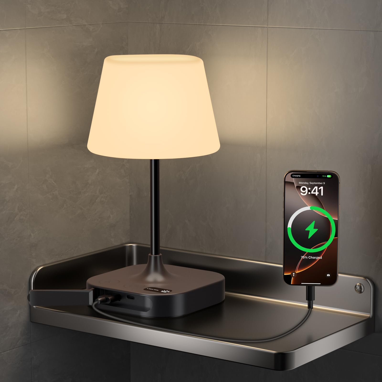 Webcem IP65 Waterproof Shower Lamp, 8000mAh Battery Operated Cordless Table Lamp, USB Rechargeable Bedside Light with LED Display, 3 Colors & 5 Brightness Dimmable Night Light for Bathroom