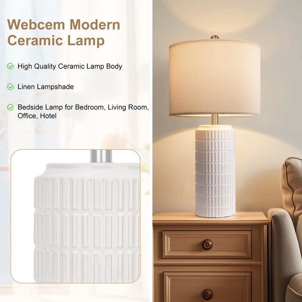 Webcem 60cm Ceramic Bedside Lamps Set of 2, Modern Mosaic Table Lamps with 3 Color Temperatures, Dimmable Nightstand Lamps with White Linen Shade & 2 LED Bulbs Included, Large Lamps for Bedroom, Living Room