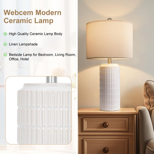 Webcem 60cm Ceramic Bedside Lamps Set of 2, Modern Mosaic Table Lamps with 3 Color Temperatures, Dimmable Nightstand Lamps with White Linen Shade & 2 LED Bulbs Included, Large Lamps for Bedroom, Living Room