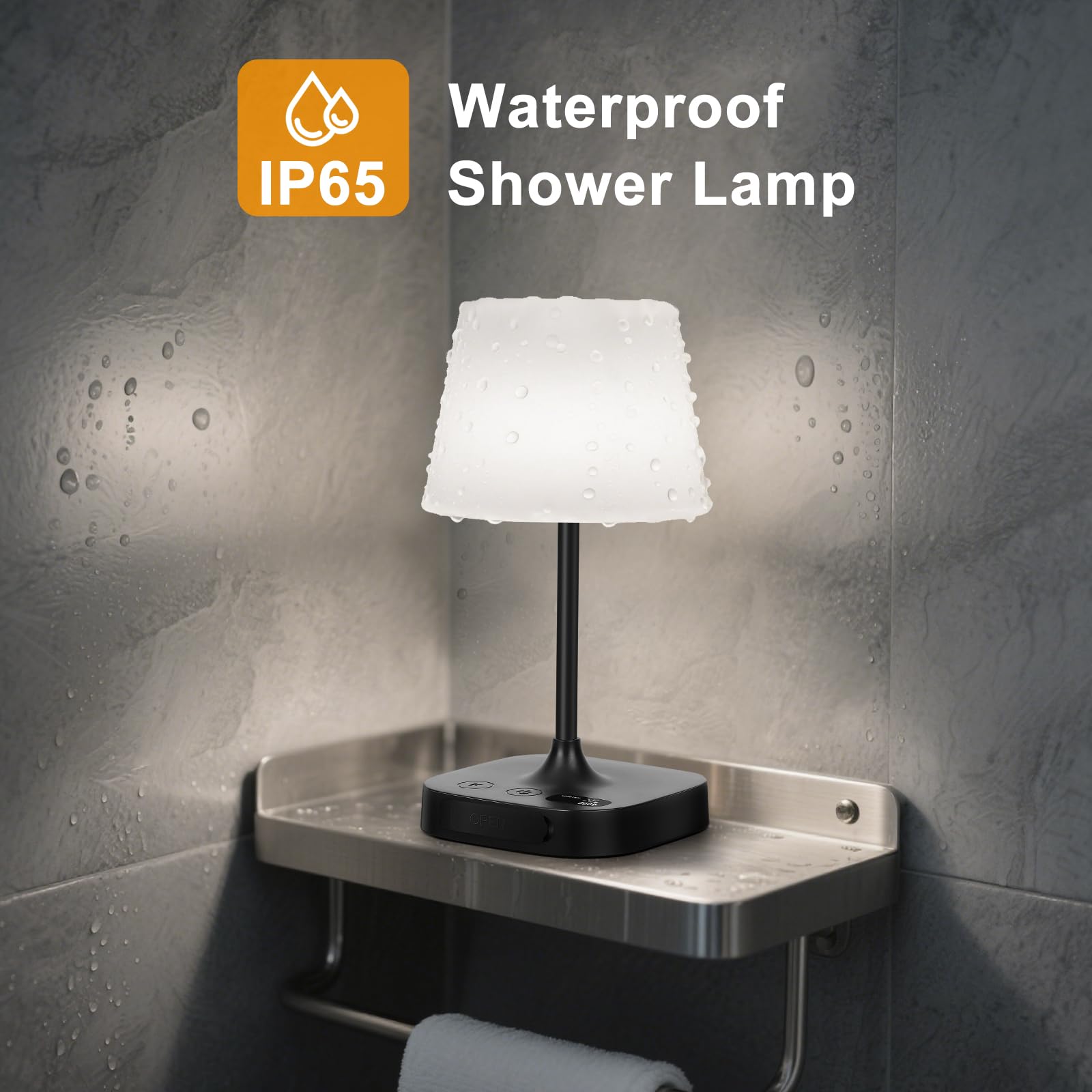 Webcem IP65 Waterproof Shower Lamp, 8000mAh Battery Operated Cordless Table Lamp, USB Rechargeable Bedside Light with LED Display, 3 Colors & 5 Brightness Dimmable Night Light for Bathroom
