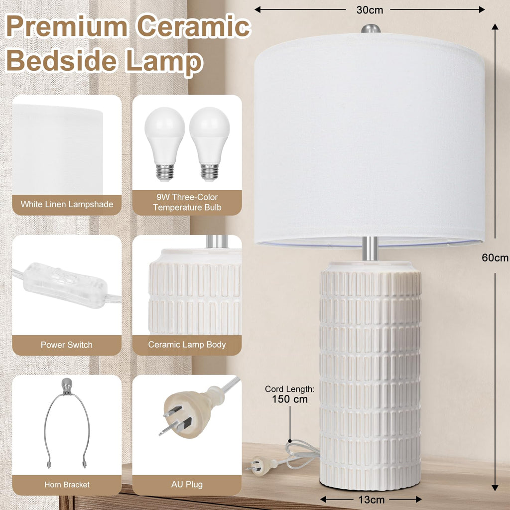 Webcem 60cm Ceramic Bedside Lamps Set of 2, Modern Mosaic Table Lamps with 3 Color Temperatures, Dimmable Nightstand Lamps with White Linen Shade & 2 LED Bulbs Included, Large Lamps for Bedroom, Living Room