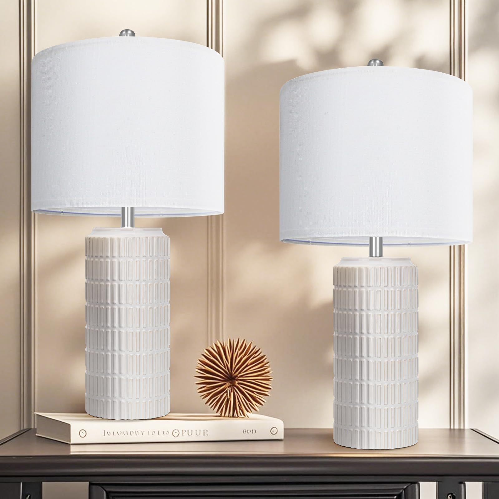 Webcem 60cm Ceramic Bedside Lamps Set of 2, Modern Mosaic Table Lamps with 3 Color Temperatures, Dimmable Nightstand Lamps with White Linen Shade & 2 LED Bulbs Included, Large Lamps for Bedroom, Living Room