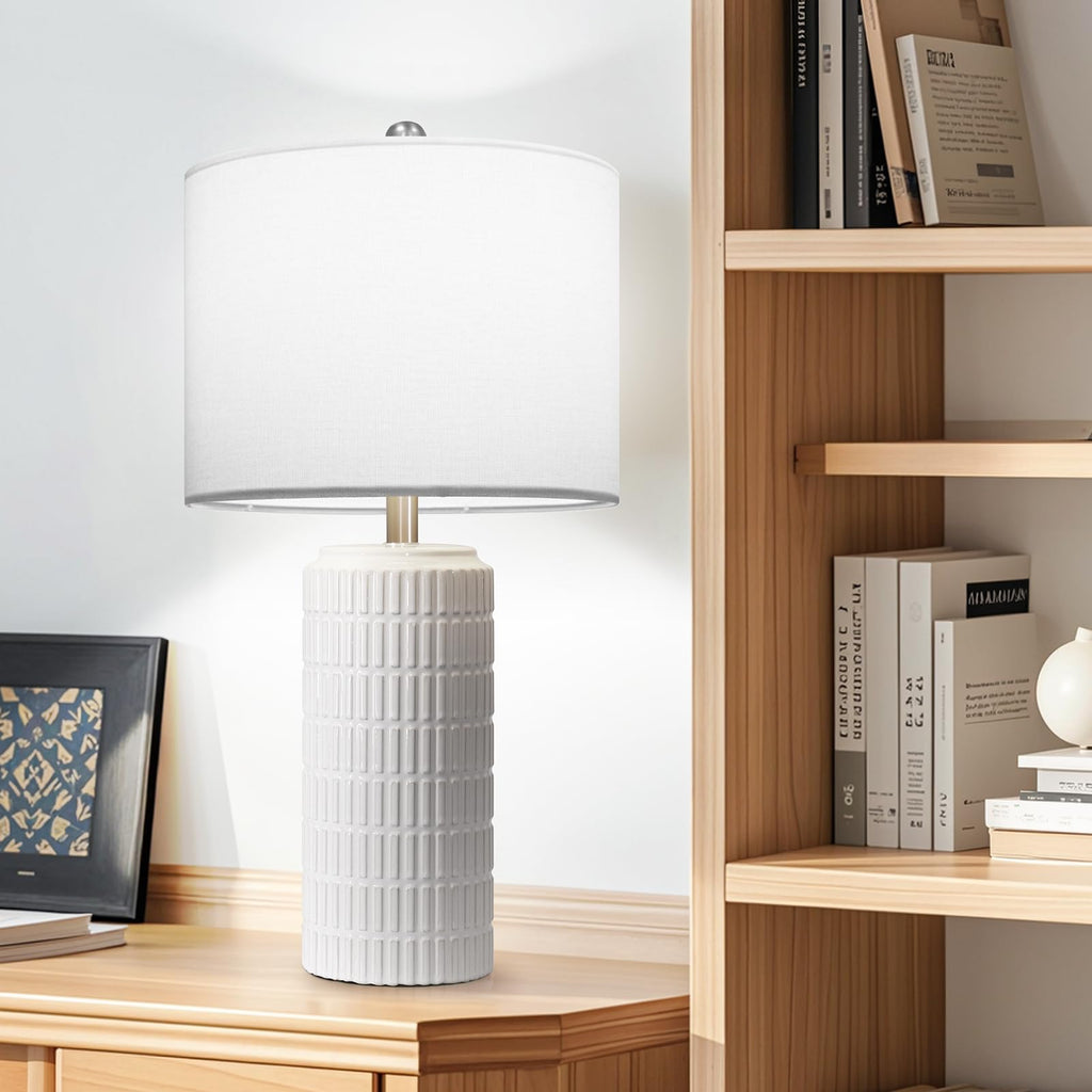 Webcem 60cm Ceramic Bedside Lamps Set of 2, Modern Mosaic Table Lamps with 3 Color Temperatures, Dimmable Nightstand Lamps with White Linen Shade & 2 LED Bulbs Included, Large Lamps for Bedroom, Living Room